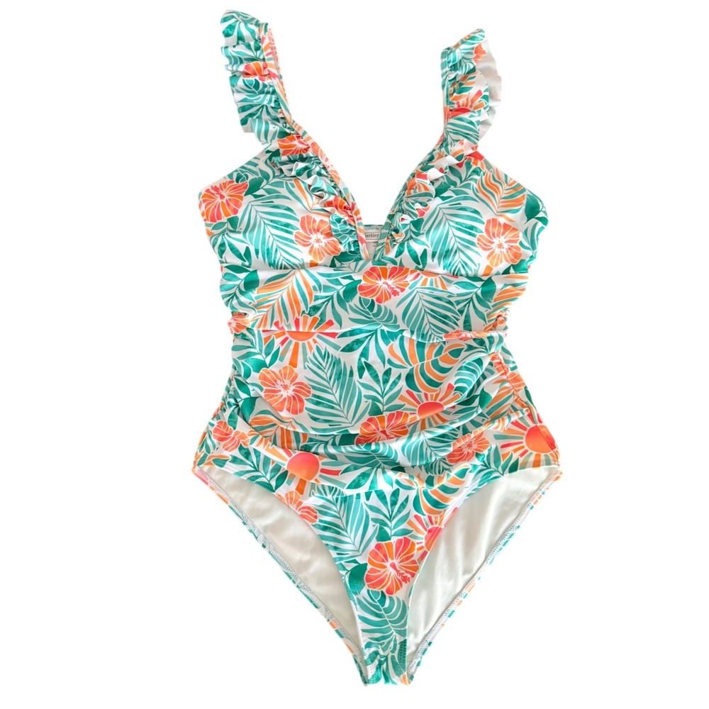 Berkley‎ Jensen Womens Tropical Floral Ruffle V-Neck One Piece Swimsuit Medium
